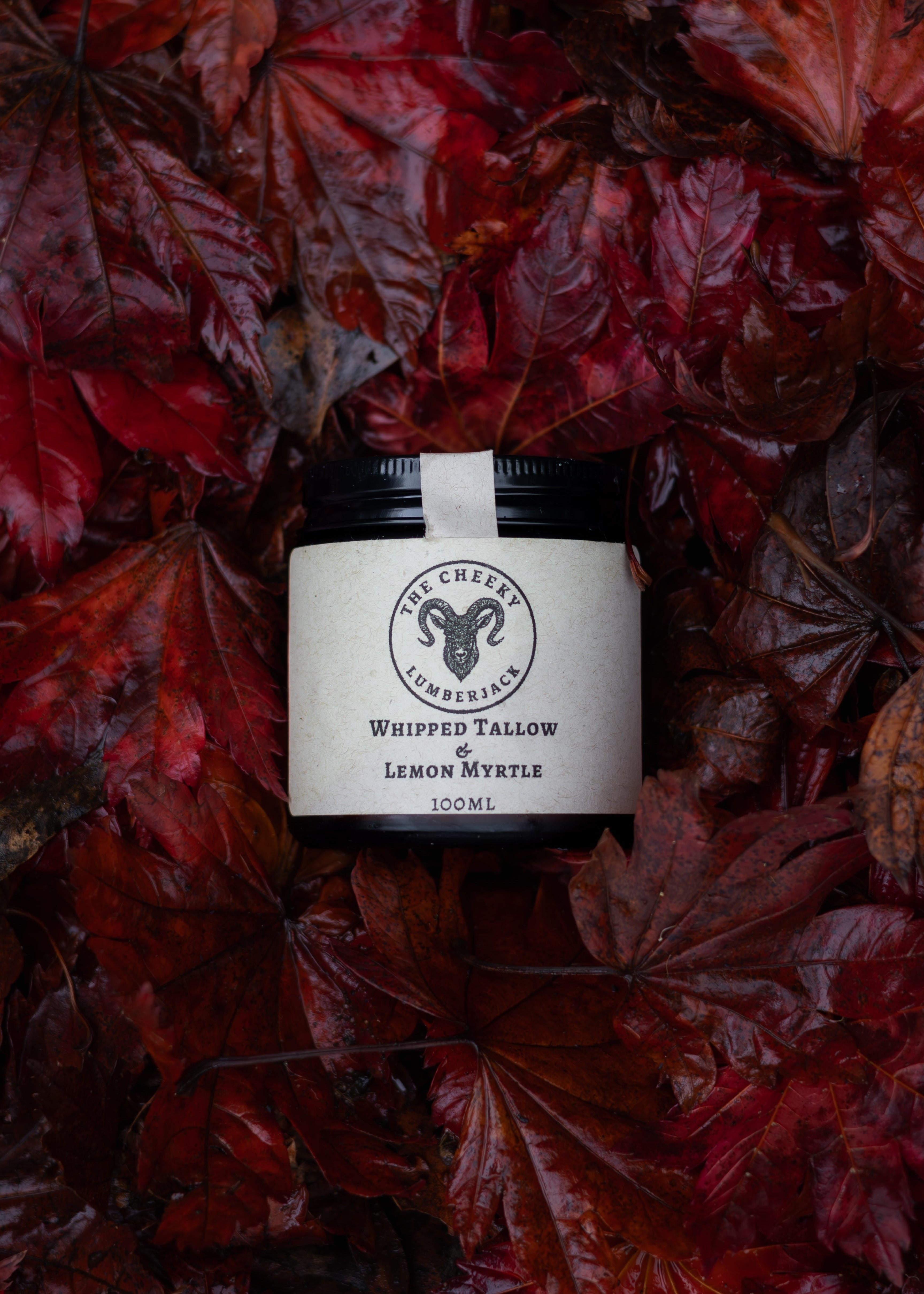 Bottle of 'Whipped Tallow' soap on red leaves