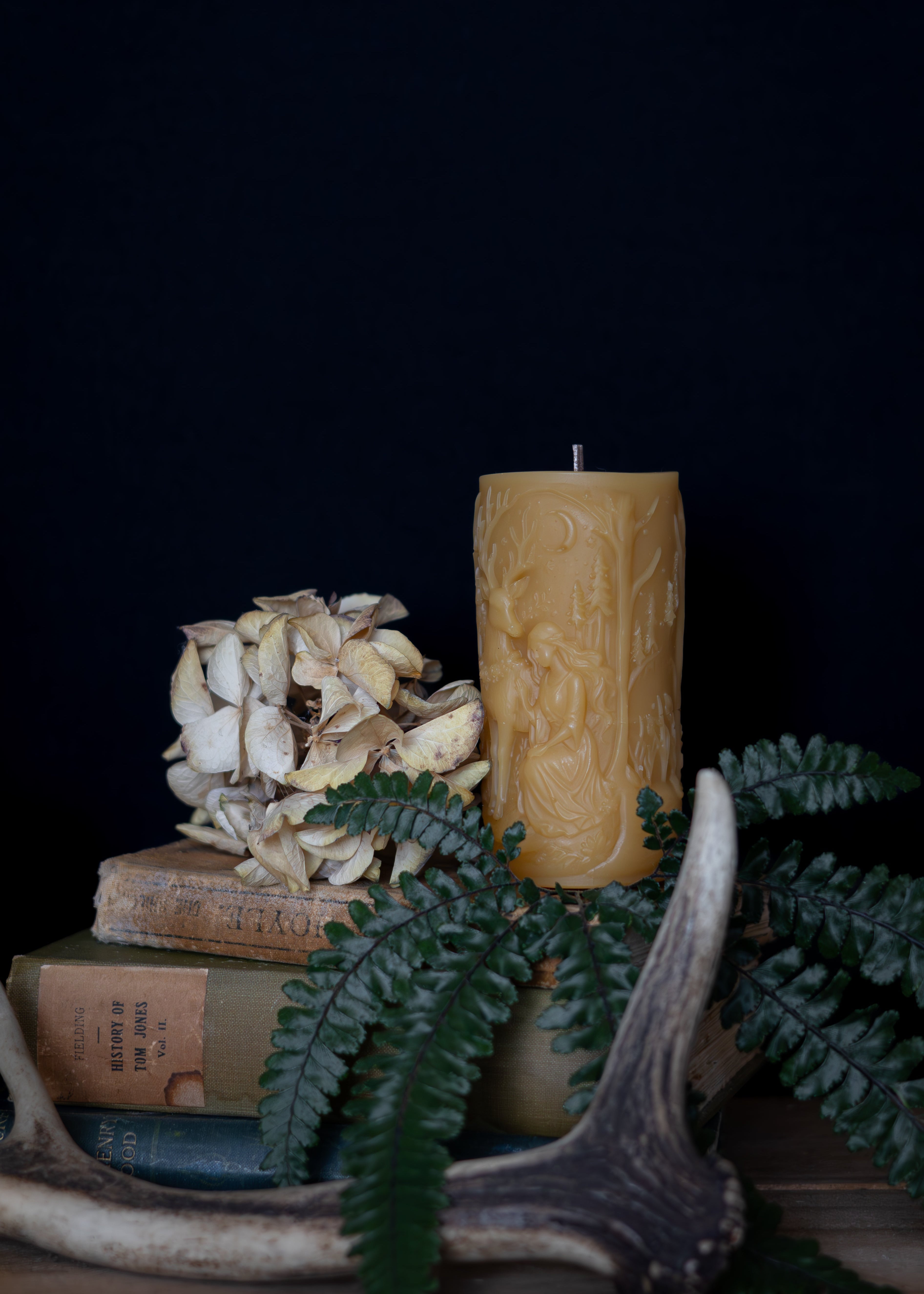 Decorative setup with a candle, books, and plants against a dark background