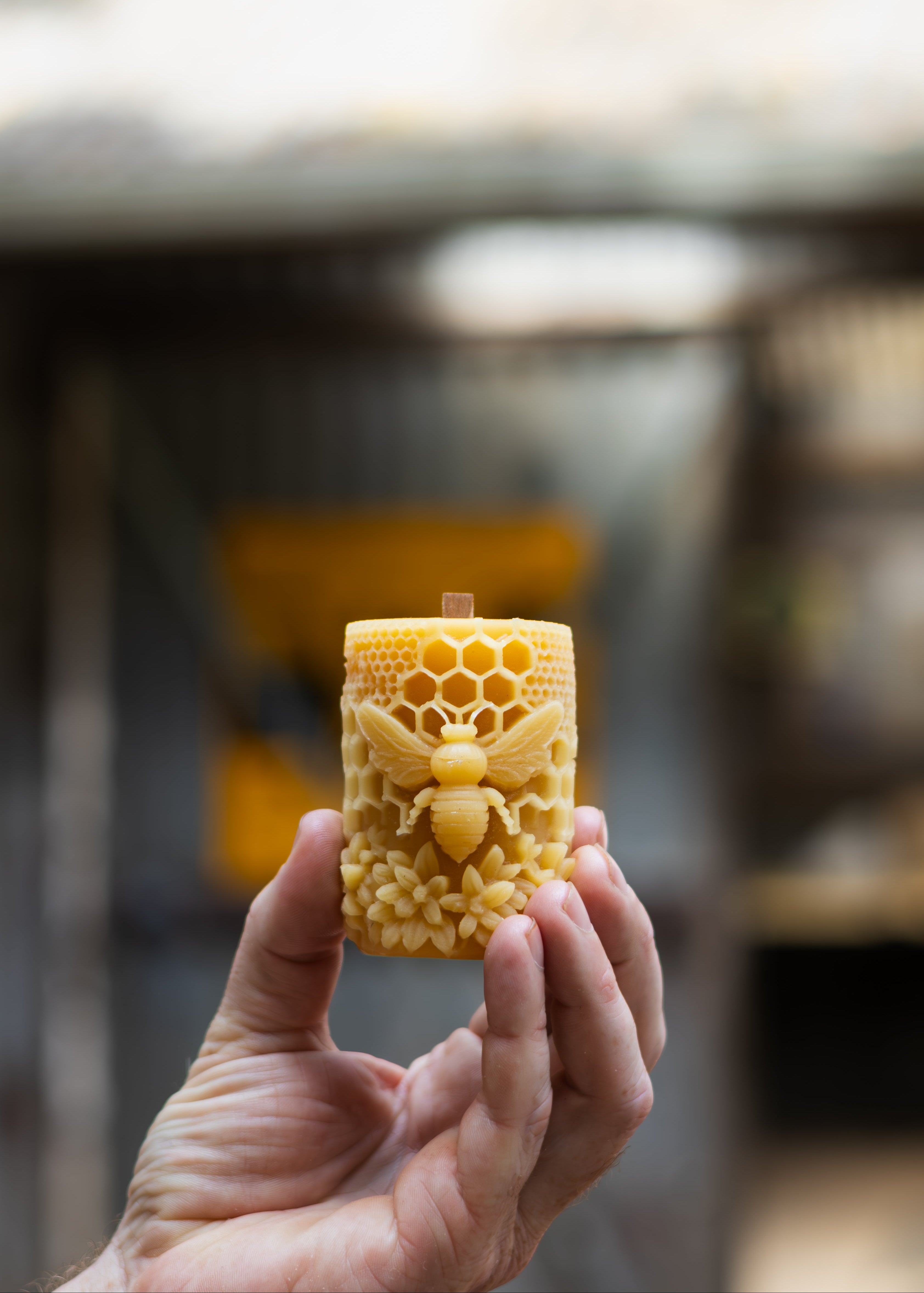 Hand holding a piece of honeycomb with beeswax, blurred background
