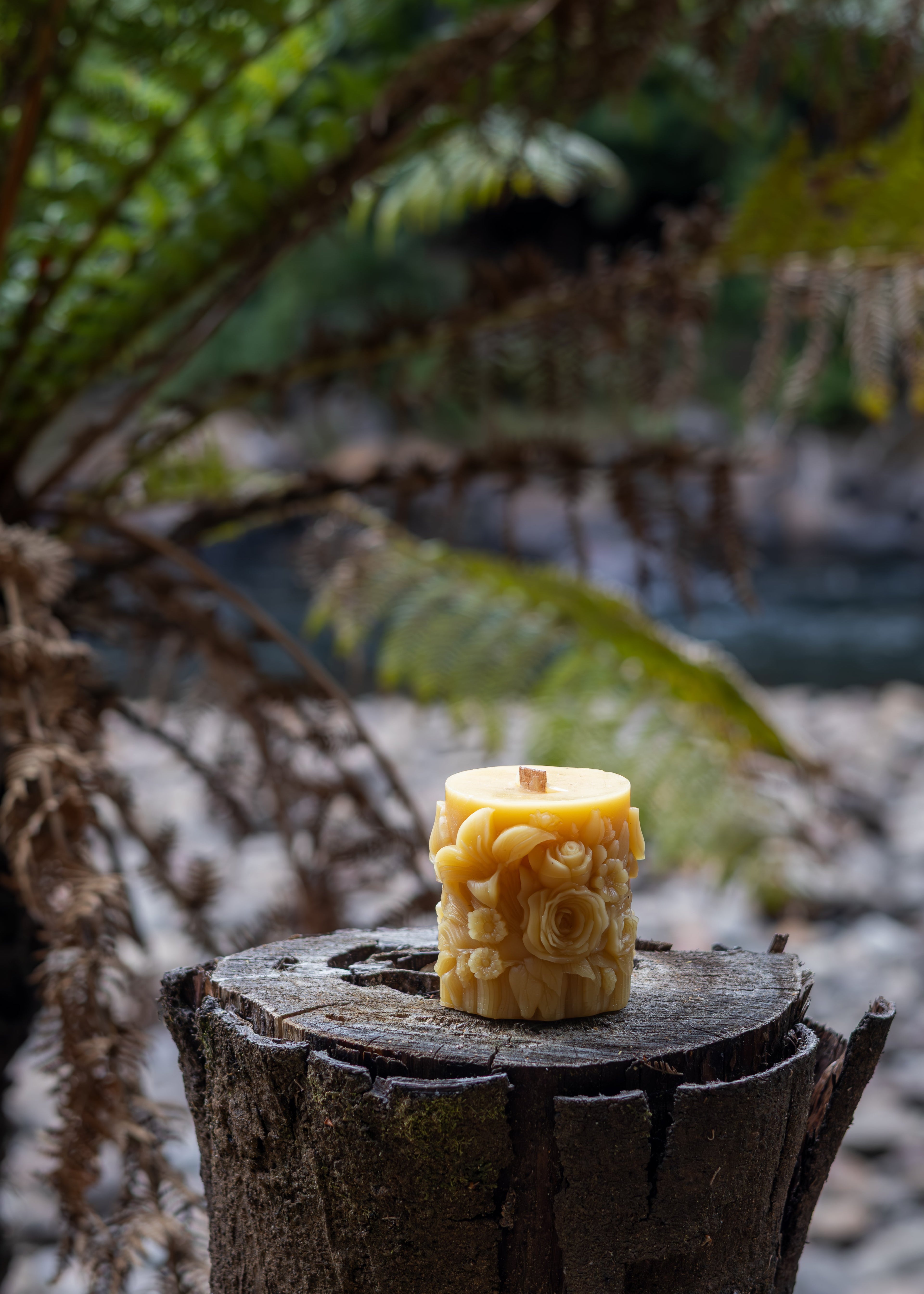 Beeswax candle with honeycomb design on a wooden stump with ferns in the background