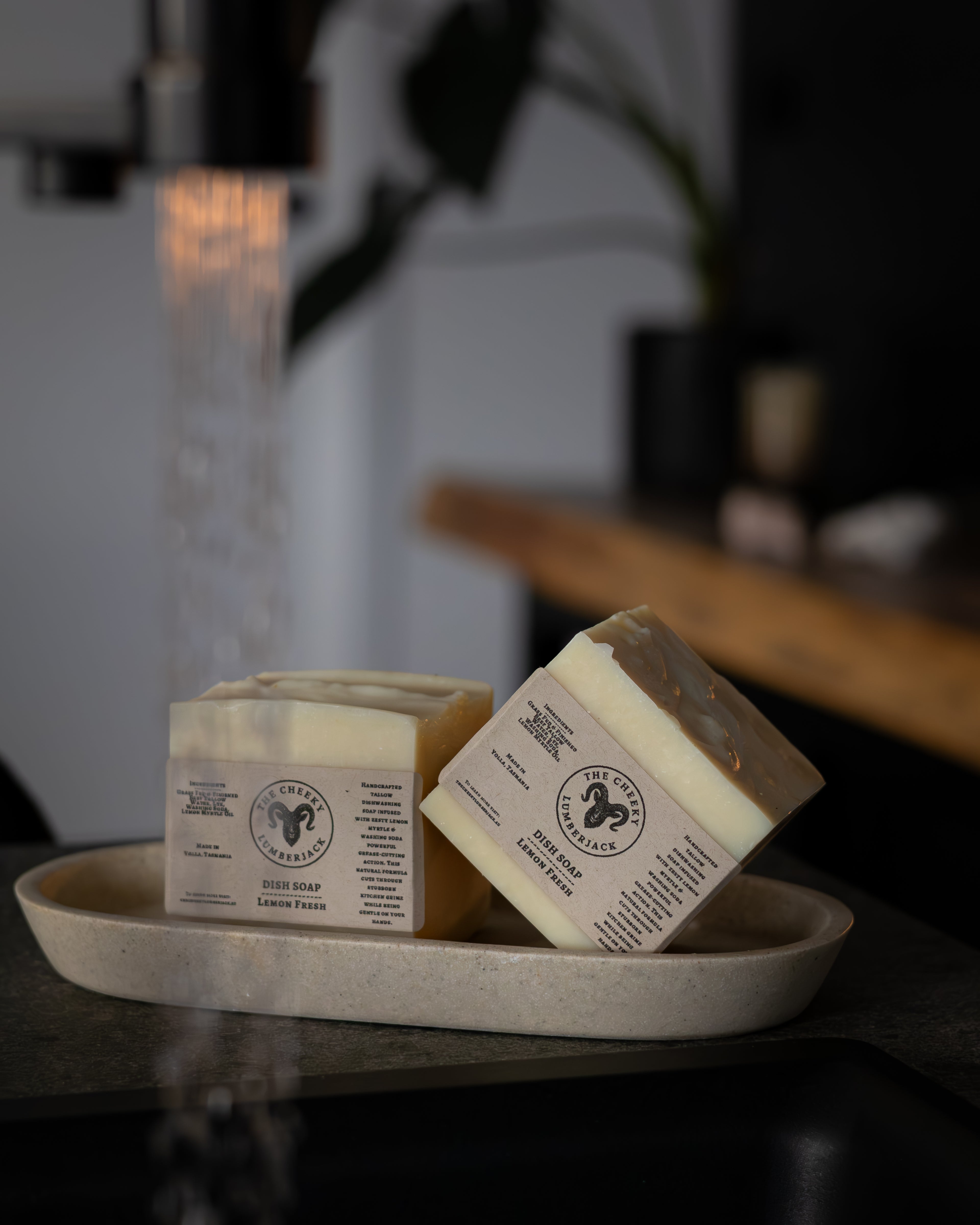 Two bars of soap on a marble tray with a blurred background