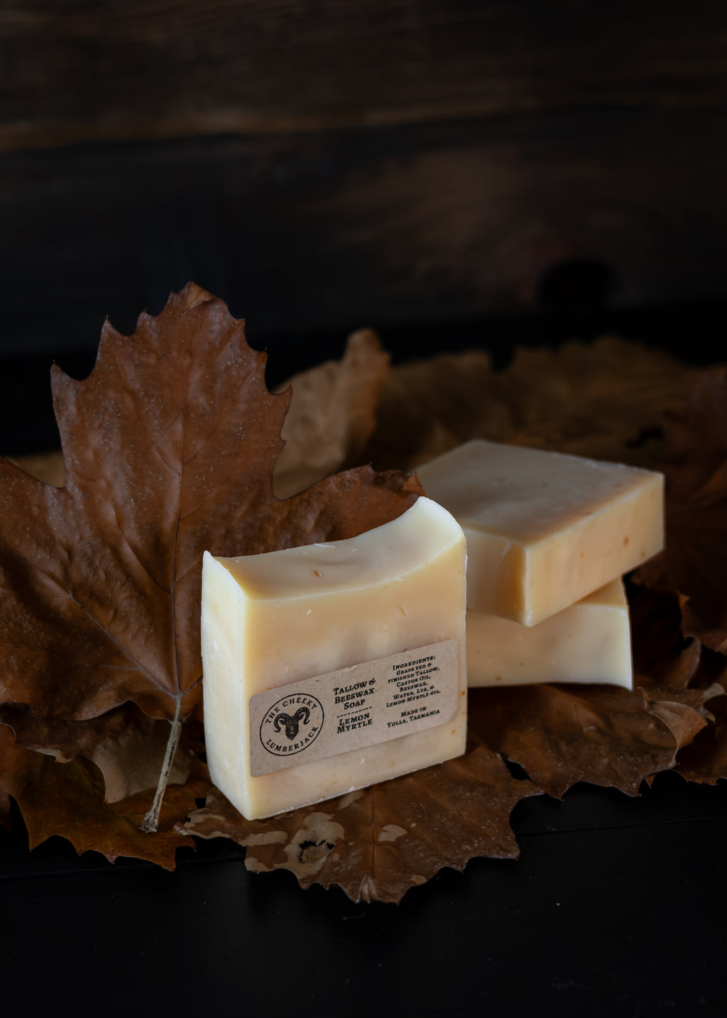 Three rectangular bars of creamy off-white soap arranged on dried brown autumn leaves against a dark wooden background. One front bar has a visible label with a horse logo and text including 'Bourgeon Soap'.