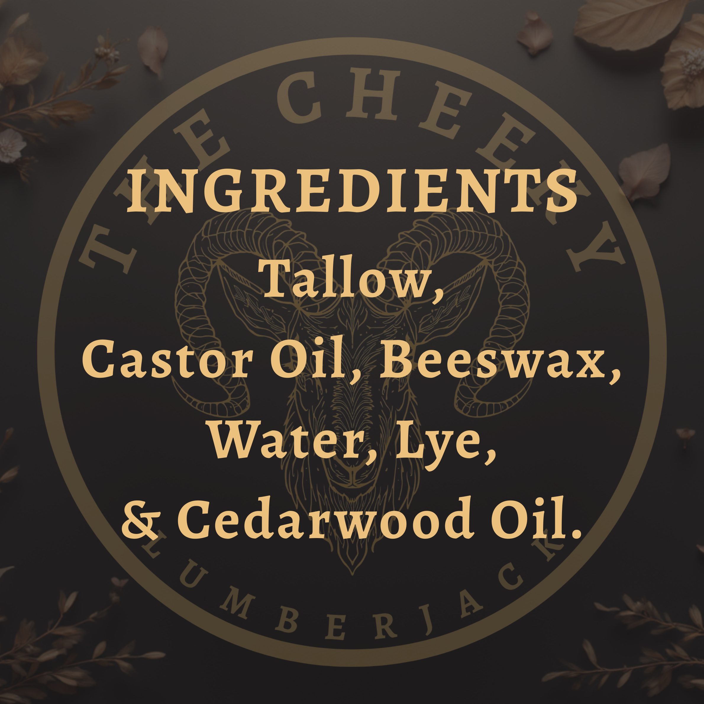 List of ingredients for a product with a ram's head logo on a dark background.