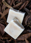 Morning Wood Tallow & Beeswax Cedarwood Soap bar with cedarwood oil, nourishing and hydrating skin, on dried leaves.